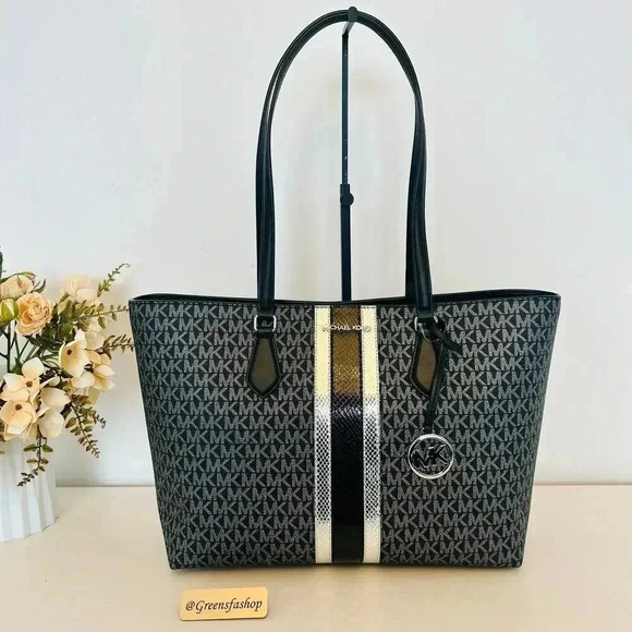 Michael Kors Sheila Large Signature Logo and Metallic Tote Bag Black - Picture 1 of 10